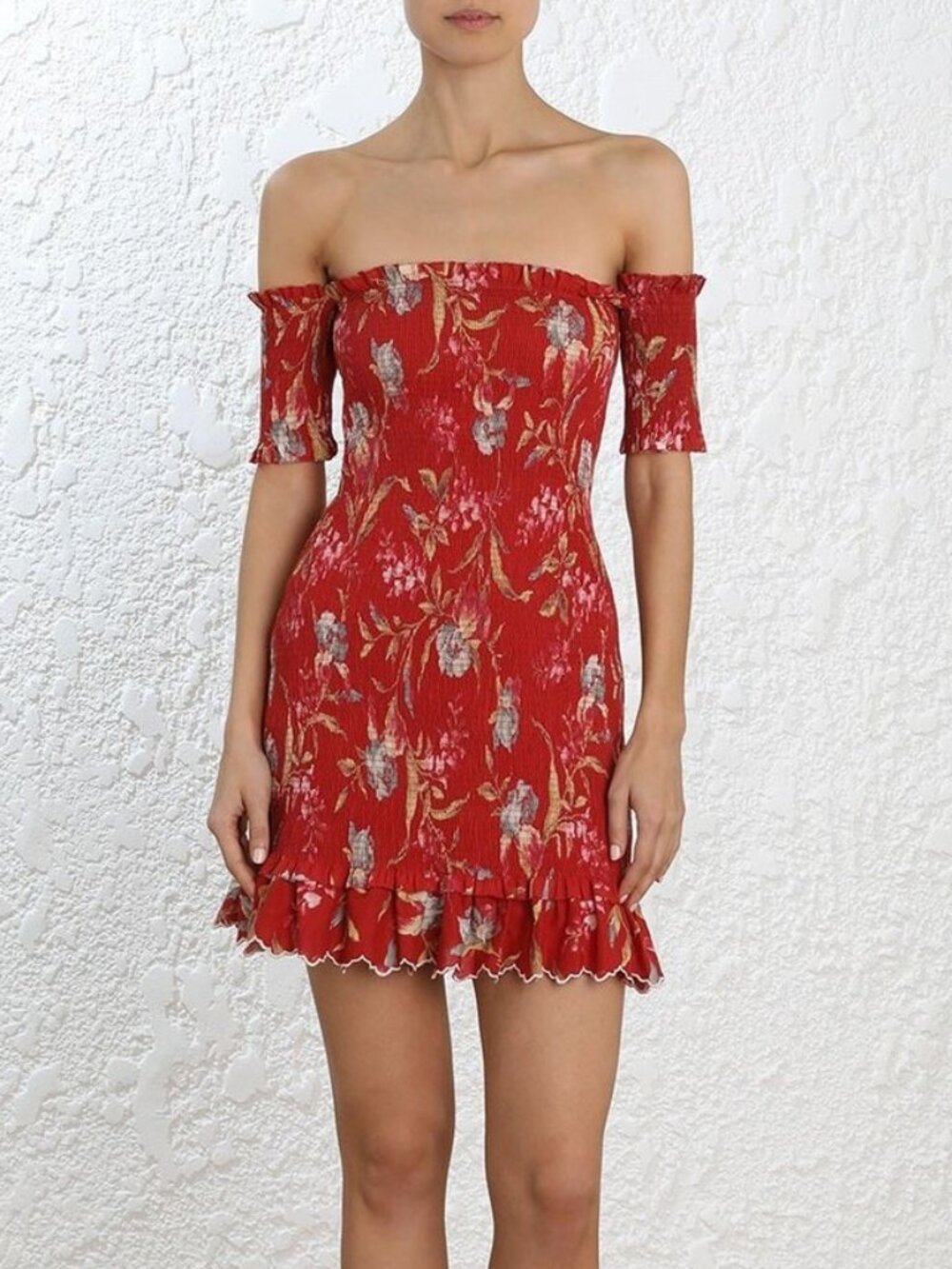 NWOT ZIMMERMANN Linen Corsair Shirred Flutter Mini Dress 3 US 10 Red Floral